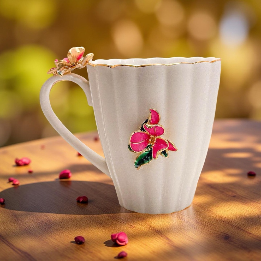 Elegant White Mug with Pink Floral‎ Design
